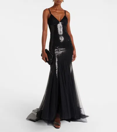 David Koma Sequined Tulle And Satin Gown In Black