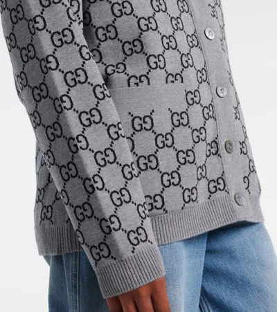 Gucci Wool Jacquard Cardigan With Gg Shadow In Grey