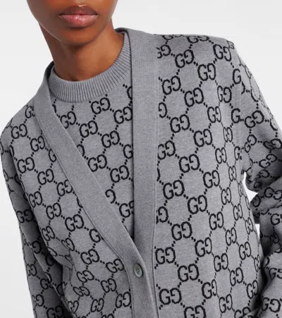 Gucci Wool Jacquard Cardigan With Gg Shadow In Grey