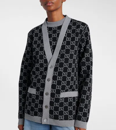 Gucci Wool Jacquard Cardigan With Gg Shadow In Grey