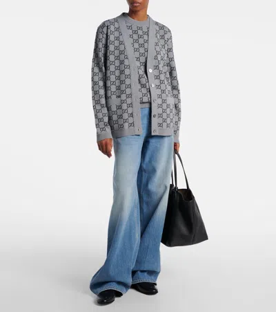 Gucci Grey Reversible Crewneck Sweater With Ribbed Trims In Gg Wool Jacquard Woman In Gray