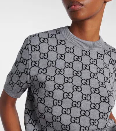 Gucci Grey Reversible Crewneck Sweater With Ribbed Trims In Gg Wool Jacquard Woman In Gray