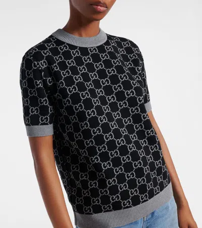Gucci Grey Reversible Crewneck Sweater With Ribbed Trims In Gg Wool Jacquard Woman In Gray