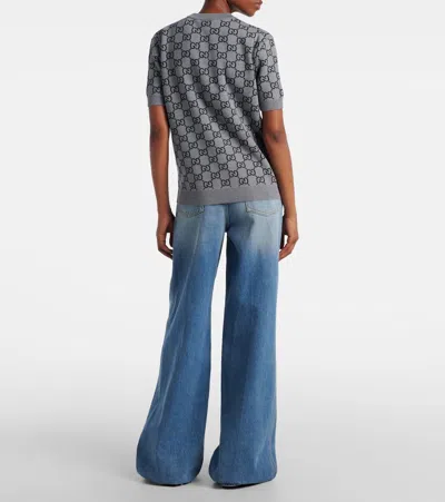 Gucci Grey Reversible Crewneck Sweater With Ribbed Trims In Gg Wool Jacquard Woman In Gray