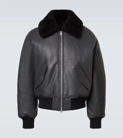 Ami Alexandre Mattiussi Leather Bomber Jacket Shearling Collar In Gray