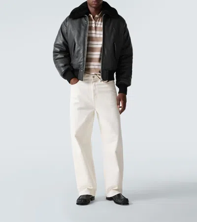 Ami Alexandre Mattiussi Leather Bomber Jacket Shearling Collar In Gray