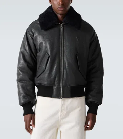 Ami Alexandre Mattiussi Leather Bomber Jacket Shearling Collar In Gray