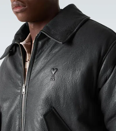 Ami Alexandre Mattiussi Leather Bomber Jacket Shearling Collar In Gray