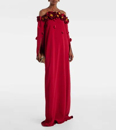 Oscar De La Renta Peony Appliqu Illusion Neck Caftan In Burgundy
