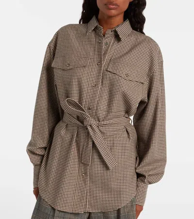 Brunello Cucinelli Check-pattern Shirt With Belt And Shiny Collar Detail In Brown