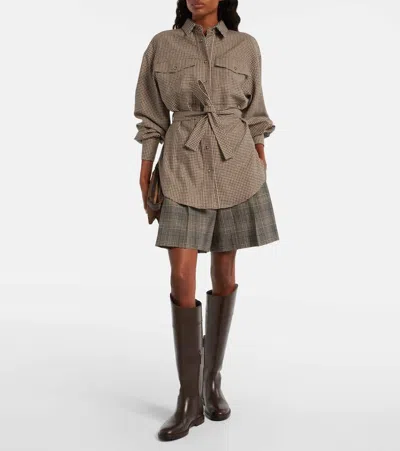 Brunello Cucinelli Check-pattern Shirt With Belt And Shiny Collar Detail In Brown