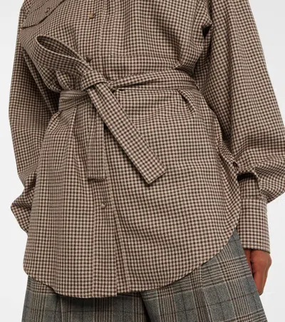 Brunello Cucinelli Check-pattern Shirt With Belt And Shiny Collar Detail In Brown