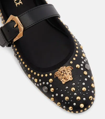 Versace Black Ballerinas With Studs Application And Buckle Closure In Leather Woman In Black