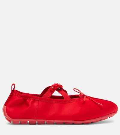 Simone Rocha Satin-finish Ballerina Flats With Pleated Detailing And Bow In Red