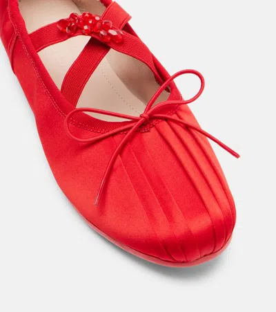 Simone Rocha Satin-finish Ballerina Flats With Pleated Detailing And Bow In Red