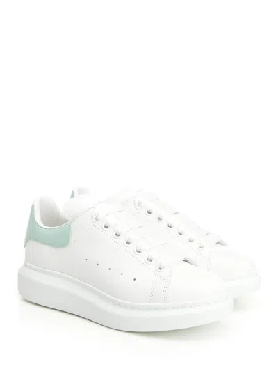 Alexander Mcqueen White Leather Sneakers With Sea Green Leather Heel In Animal Print