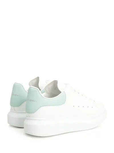Alexander Mcqueen White Leather Sneakers With Sea Green Leather Heel In Animal Print