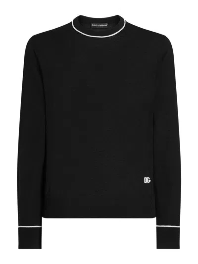 Dolce & Gabbana Logo Crew Neck Sweater With Contrasting Trims In Black
