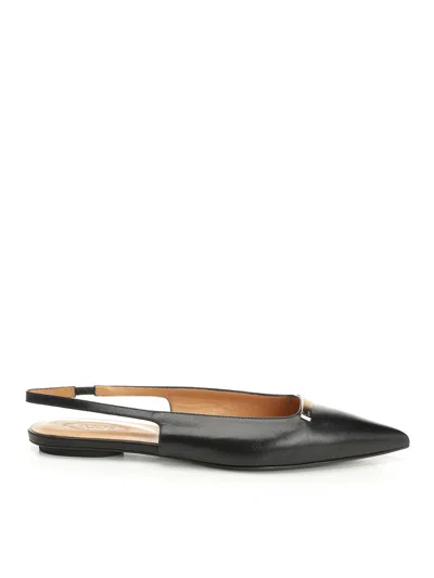 Tod's Leather Flat Ballerinas With Gold-tone Detail In Black