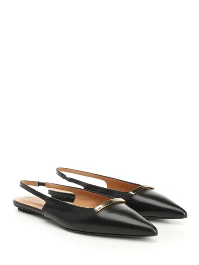 Tod's Leather Flat Ballerinas With Gold-tone Detail In Black