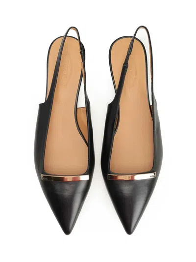 Tod's Leather Flat Ballerinas With Gold-tone Detail In Black