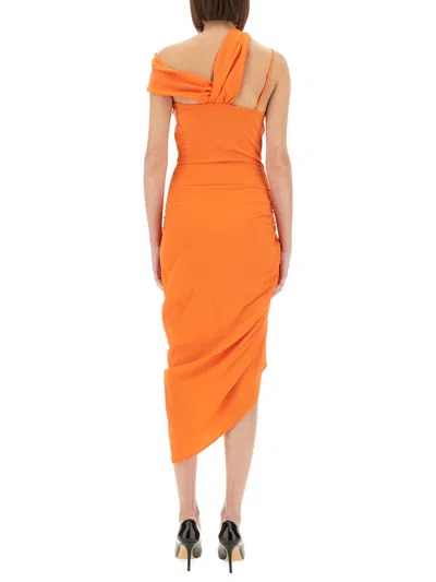 Versace Jeans Couture Draped Dress With Asymmetrical Neckline And Ruched Detailing In Orange