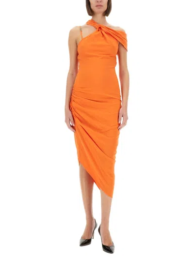 Versace Jeans Couture Draped Dress With Asymmetrical Neckline And Ruched Detailing In Orange