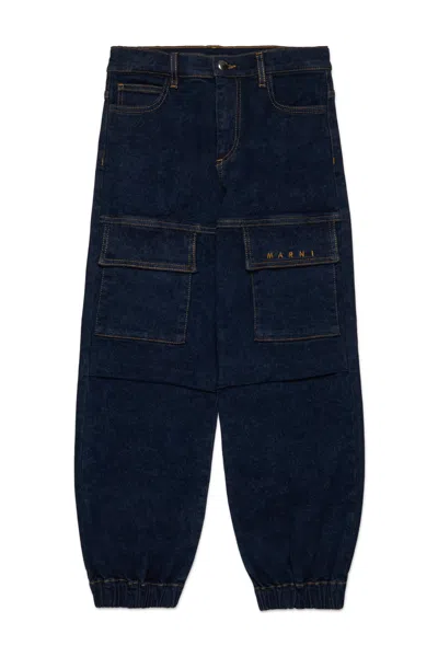 Marni Dark Marbled Cargo Jeans With Pockets In Blue