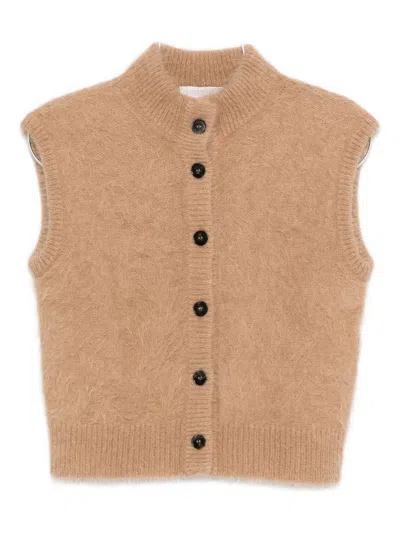 Antonelli Cropped Beige Sweater Vest With High Neckline In Brown