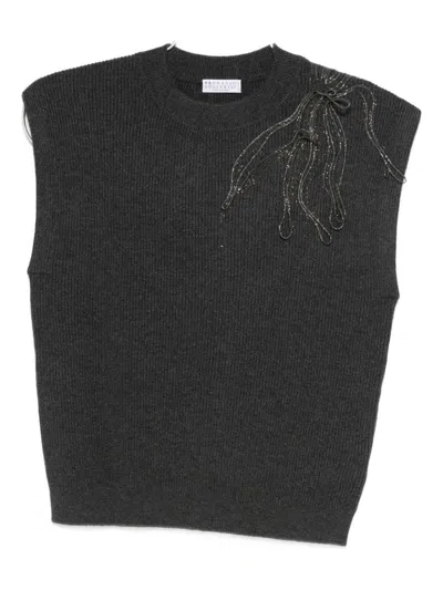 Brunello Cucinelli Cashmere Sleeveless Tank Top Ribbed Texture In Black