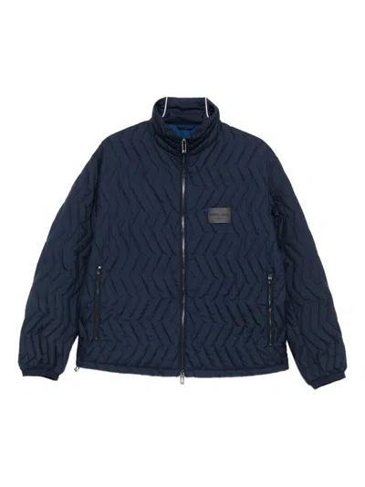 Emporio Armani Full-zip Down Jacket In Chevron Quilted Ripstop Nylon In Blue