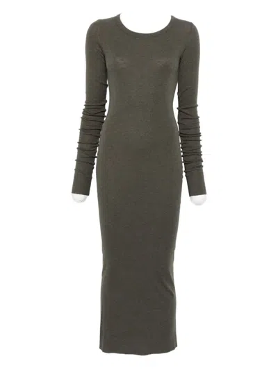 Rick Owens Maxi Dress With Ribbed Texture And Long Sleeves In Gray