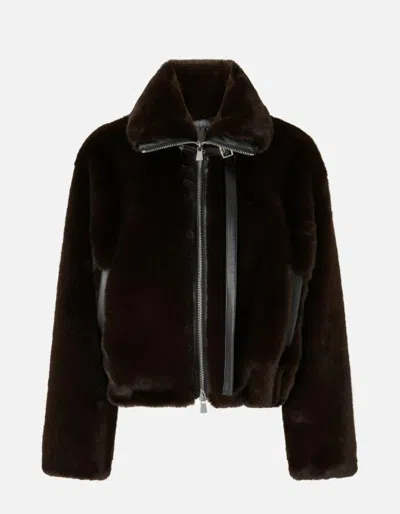 Pinko Ink-effect Faux Fur Blouson Jacket In Brown