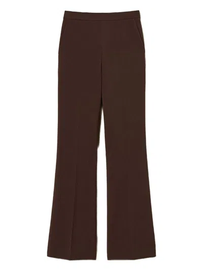 Twinset High-waist Wide-leg Trousers In Soft Fabric Blend In Brown