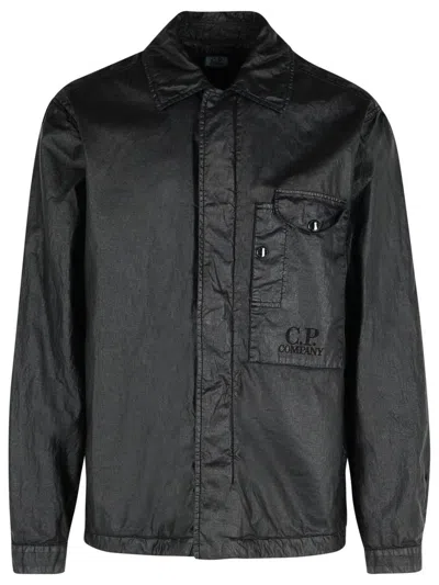 C.p. Company Linen Shirt With Chest Pocket And Collar In Black