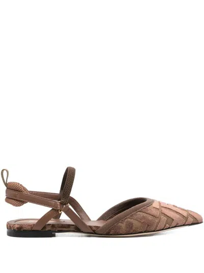 Fendi Women 'colibrì Lite' Brown Flat Slingback With All-over Ff Motif In Cotton Woman In Brown