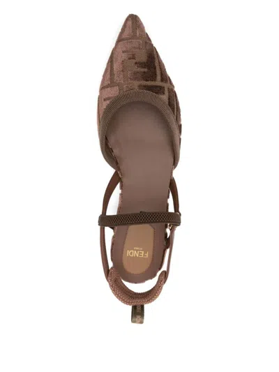 Fendi Women 'colibrì Lite' Brown Flat Slingback With All-over Ff Motif In Cotton Woman In Brown