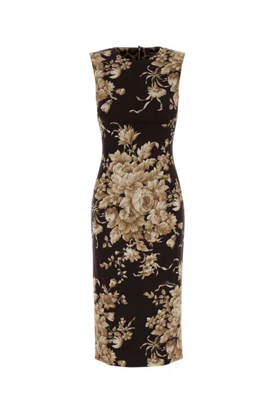 Dolce & Gabbana Rose Cretonne Charmeuse Sleeveless Midi Dress In Brown