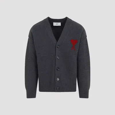 Ami Alexandre Mattiussi Ami De Coeur Heather Grey Wool Cardigan In Gray