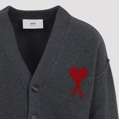 Ami Alexandre Mattiussi Ami De Coeur Heather Grey Wool Cardigan In Gray