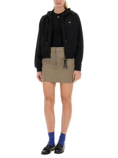 Vivienne Westwood Cropped Black Hoodie With Zipper Closure And Ribbed Details In Brown