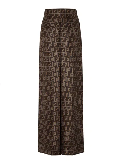 Fendi Ff Silk Twill Wide Leg Trousers Clothing In Brown