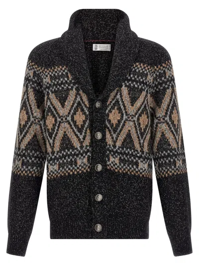 Brunello Cucinelli Geometric Jacquard Cardigan Sweaters And Cardigans Multicolor In Black