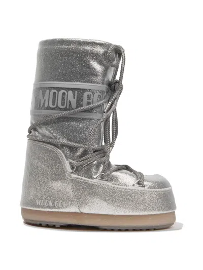 Moon Boot Glitter Lace-up Boots In Silver
