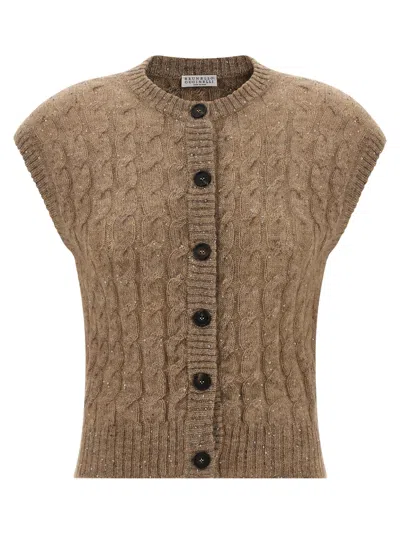 Brunello Cucinelli Cable Knit Cap Sleeve Vest In Brown