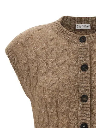 Brunello Cucinelli Cable Knit Cap Sleeve Vest In Brown