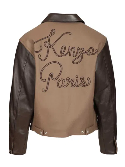 Kenzo Leather-sleeved Embroidered Jacket Coats Beige In Brown