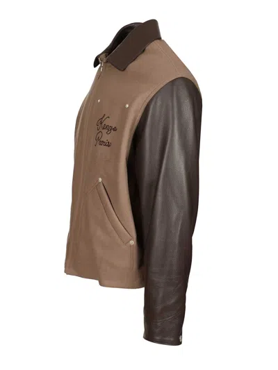Kenzo Leather-sleeved Embroidered Jacket Coats Beige In Brown