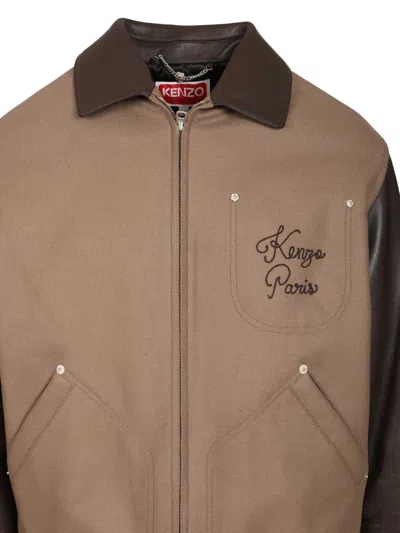 Kenzo Leather-sleeved Embroidered Jacket Coats Beige In Brown