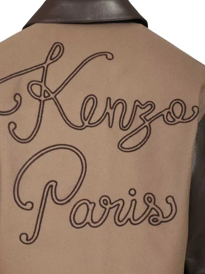 Kenzo Leather-sleeved Embroidered Jacket Coats Beige In Brown